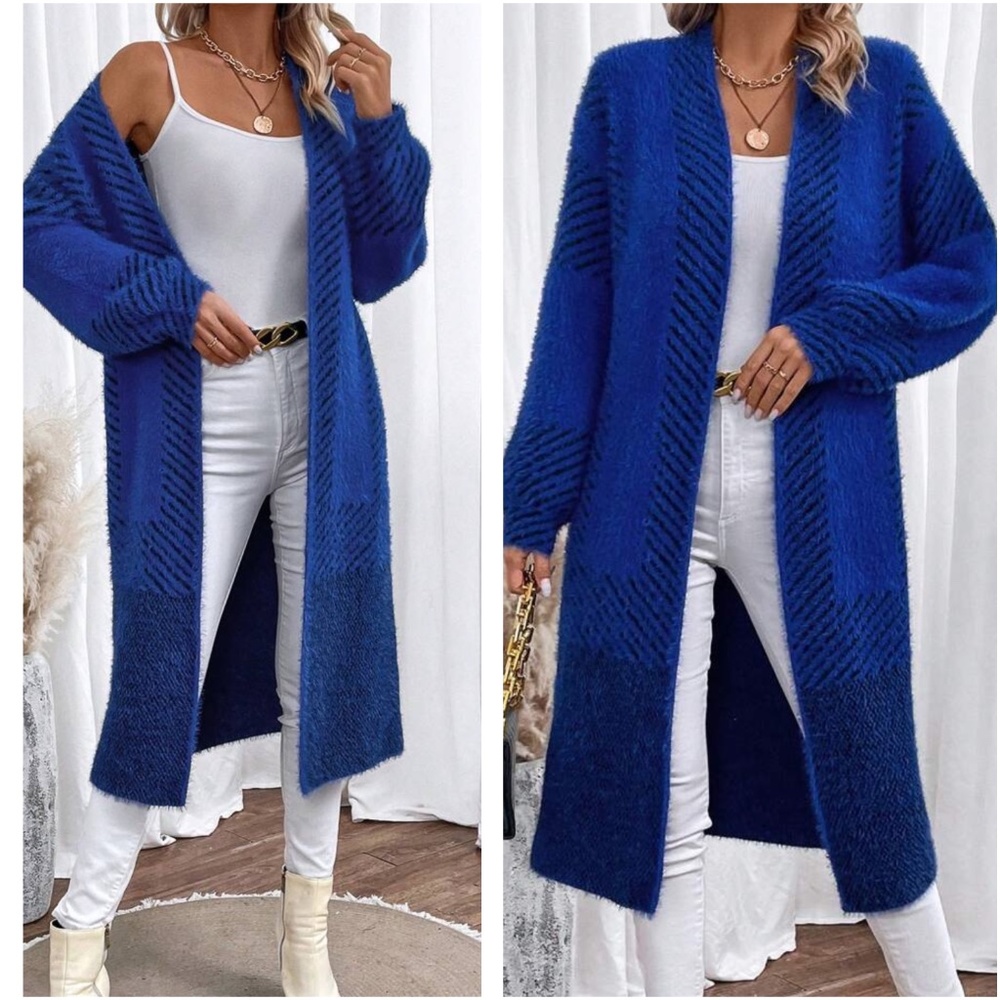 Cozy Color Block Stripes Fuzzy Open Front Cardigan - Picture 5 of 7